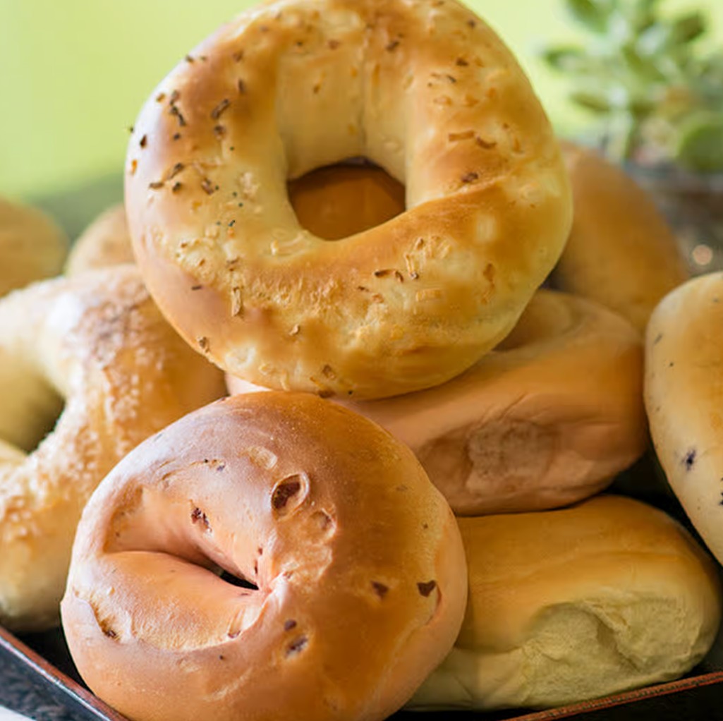 Fresh-baked bagels piled high